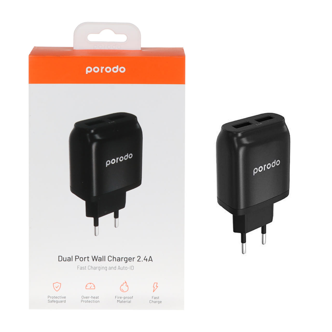 شارژر دیواری ۱۲W فست دو پورت Porodo مدل PD-0203EU-BK