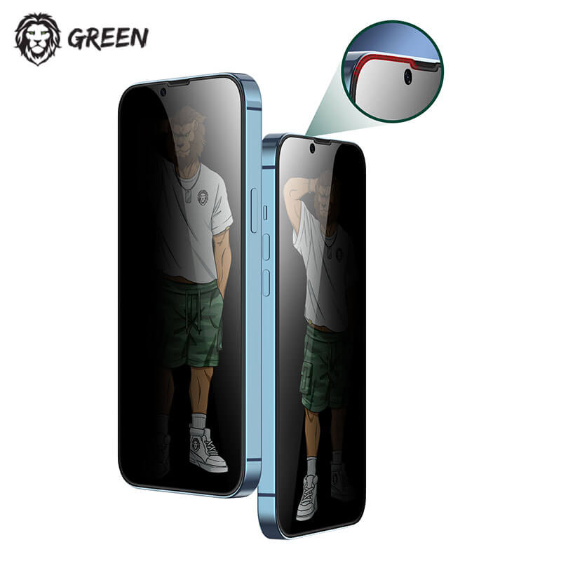 گلس پرایوسی با لبه های سیلیکونی iPhone 14 plus گرین Green Lion 3D Silicone Privacy Glass