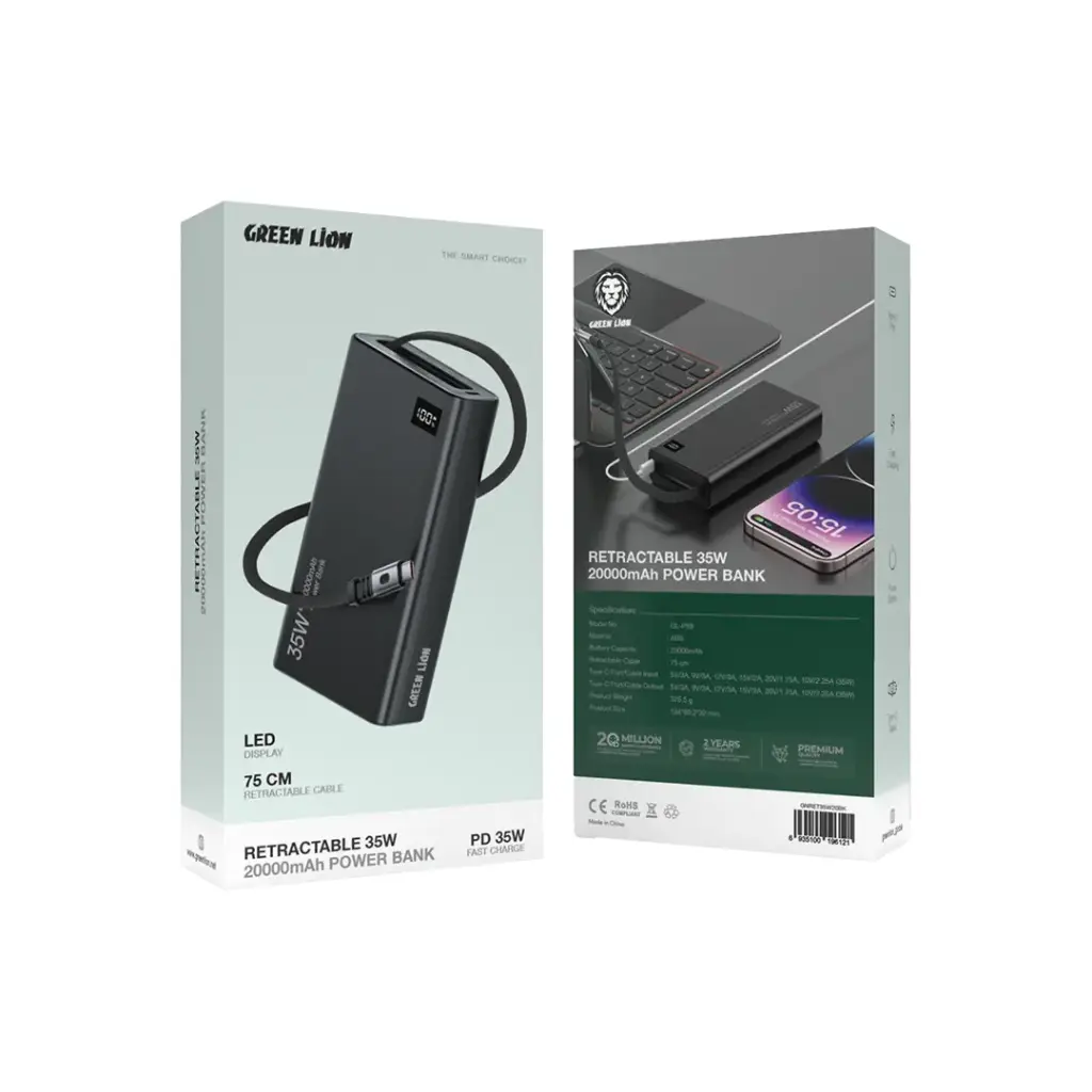 پاوربانک جمع‌شونده ۳۵ واتی ۲۰۰۰۰ میلی‌آمپر گرین Green Lion Retractable 35W 20000mAh PowerBank
